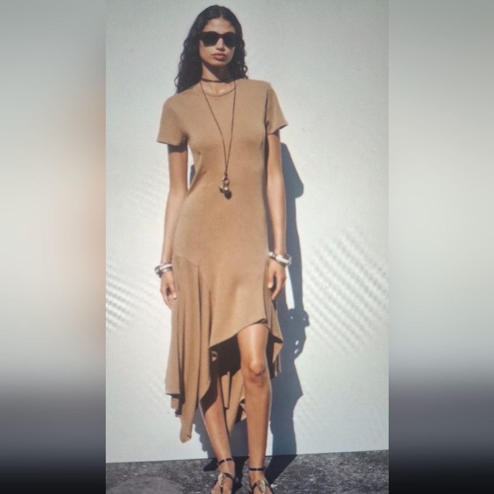 NWT Zara Asymmetrical Tan Short-Sleeve Dress